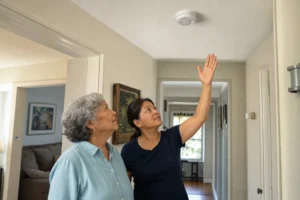 Older adult and family helper listening during a smoke and carbon monoxide alarm sound check