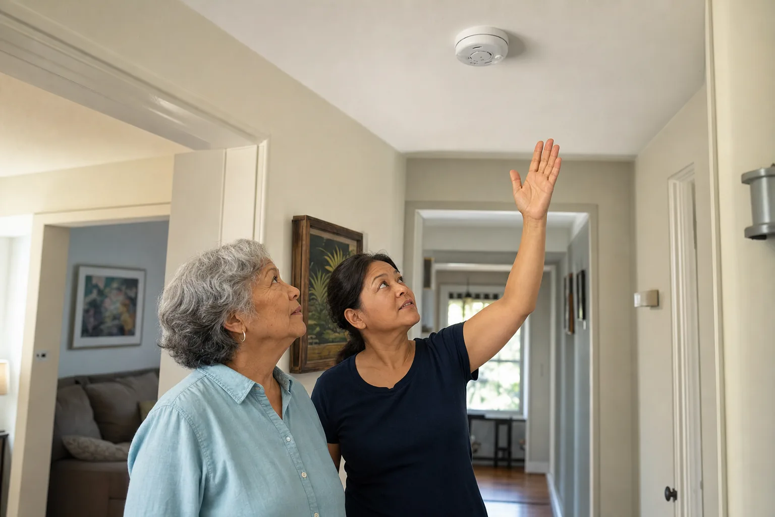 Older adult and family helper listening during a smoke and carbon monoxide alarm sound check