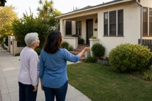 Older adult and family helper checking the view toward a Los Angeles home entrance