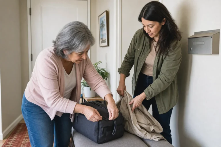 Older adult zipping an overnight bag with a family helper near a closed home mailbox