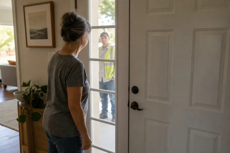 Older adult looking through a sidelight at a utility worker while keeping the front door closed