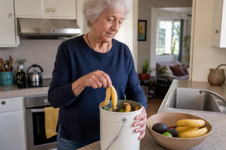 Older adult placing a banana peel into a small kitchen food-scrap pail
