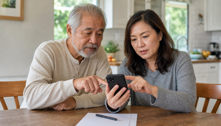Older adult and family helper reviewing emergency alert settings on a smartphone at home