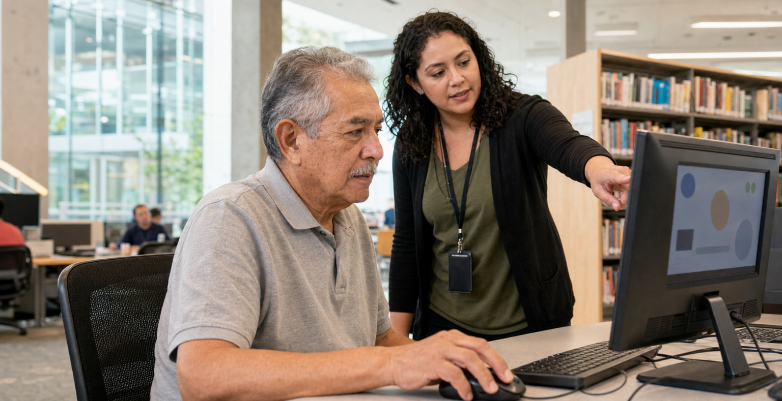 Older adult using a public library computer with a librarian nearby
