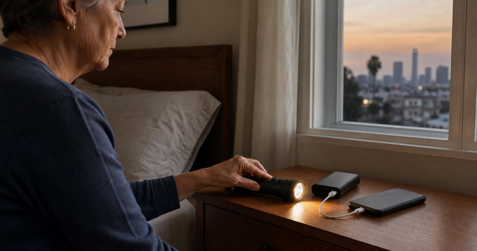 Older adult testing a bedside flashlight beside a charging power bank and face-down phone