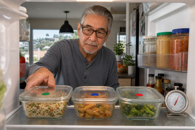 Older adult arranging covered leftover containers with colored date dots beside a refrigerator thermometer