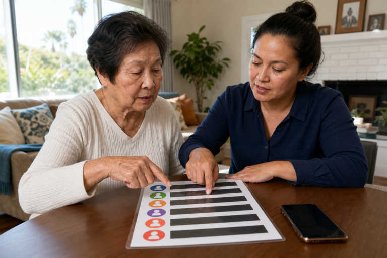 Older adult and trusted helper reviewing a completed large-print phone list beside a smartphone