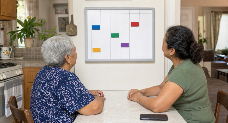 Older adult and family helper reviewing a simple shared household calendar