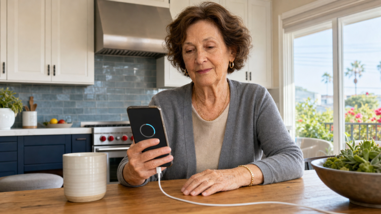 Older adult checking a smartphone software update while the phone is connected to a charger