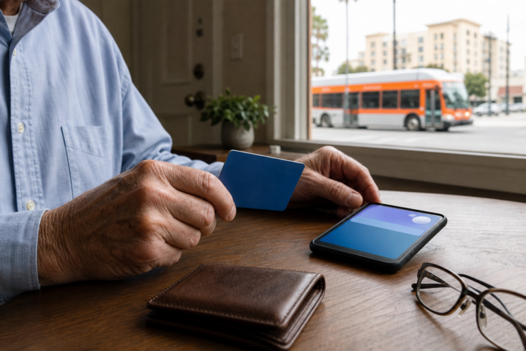 Older adult checking a transit card beside a smartphone before a Los Angeles trip