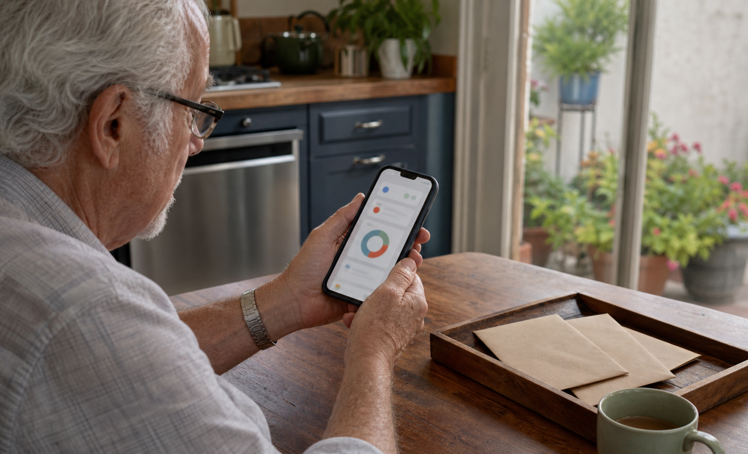 Older adult reviewing a smartphone beside a private mail tray at home