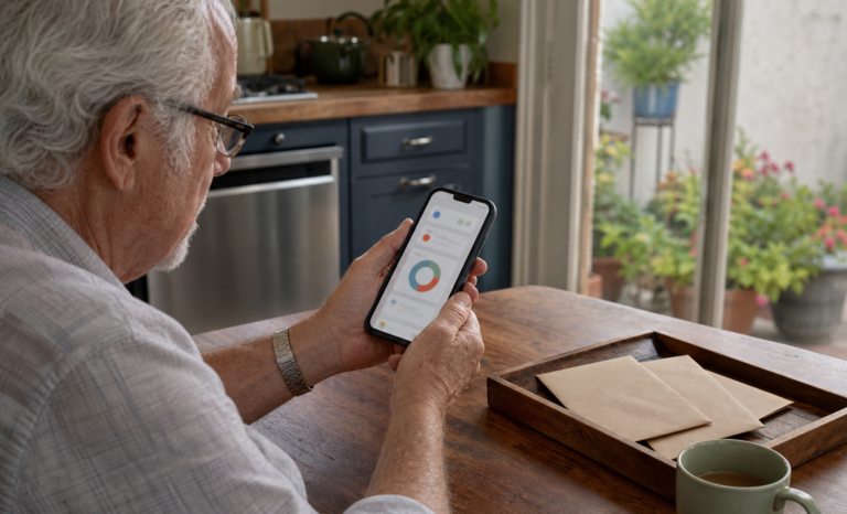 Older adult reviewing a smartphone beside a private mail tray at home