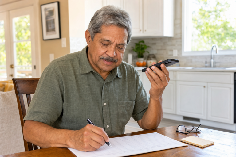 Older adult writing a voicemail message log beside a smartphone
