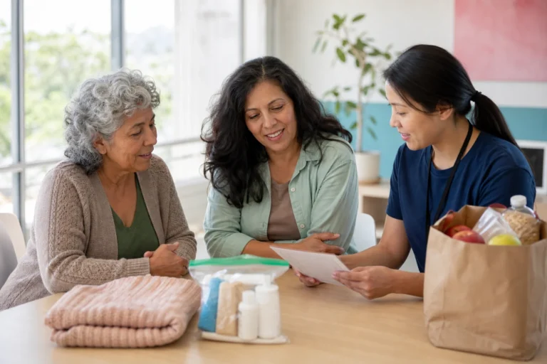 An older adult, family caregiver, and volunteer reviewing a senior donation care package together.