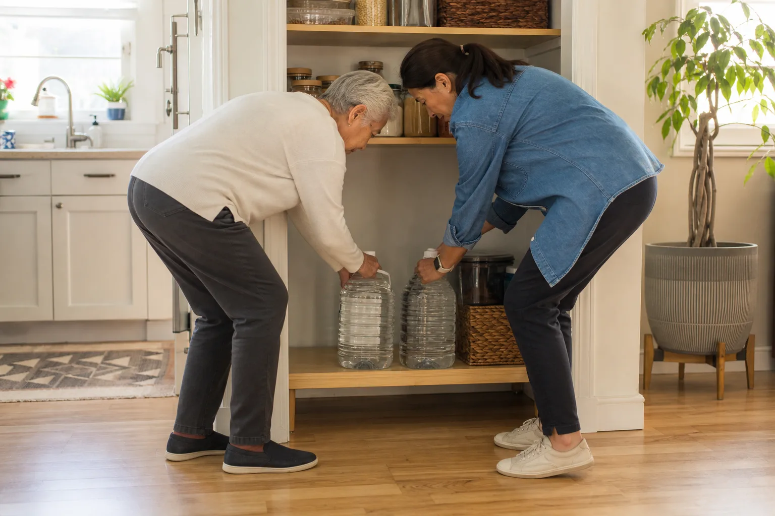 Older adult and family helper placing sealed water jugs on a low pantry shelf