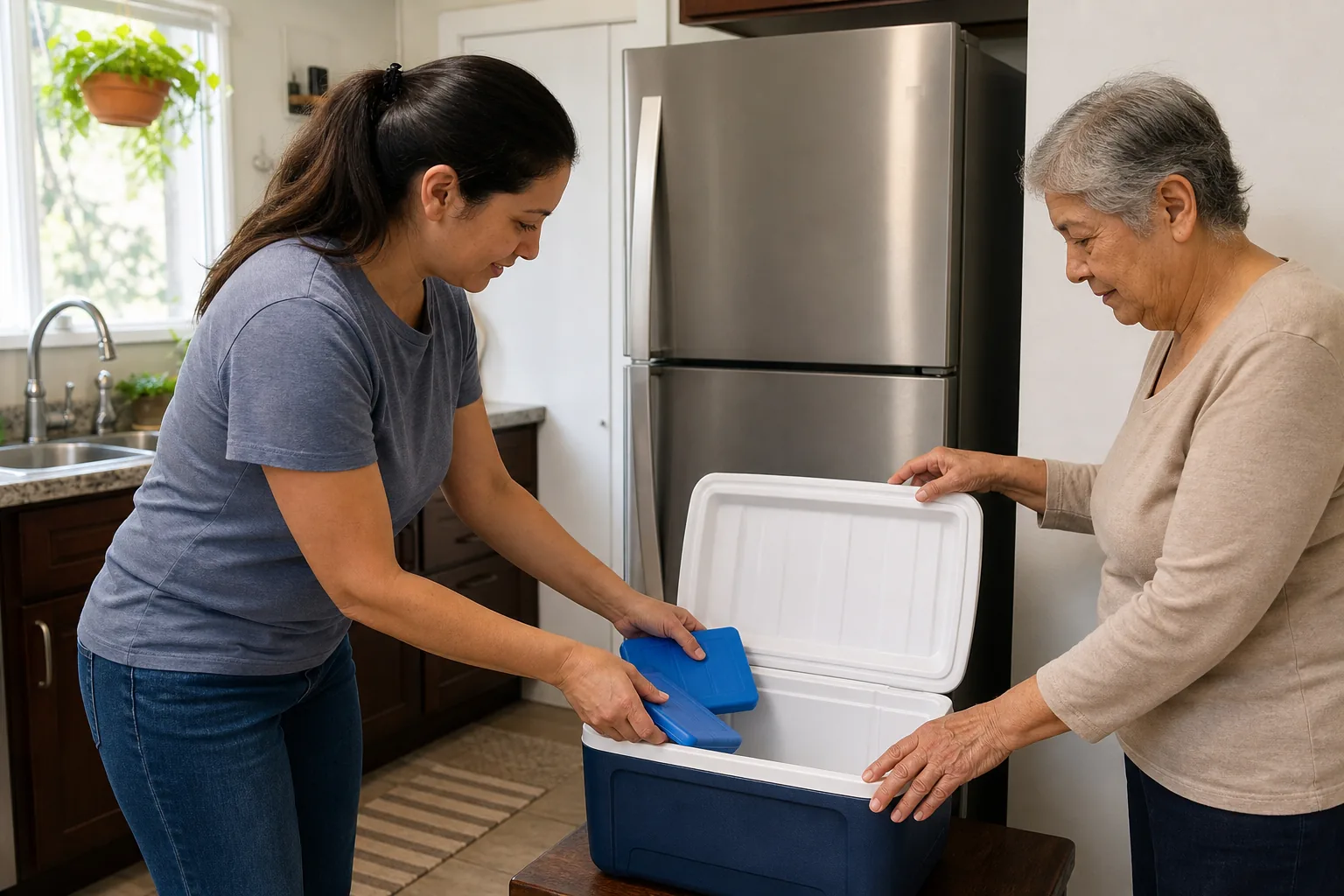 An older adult and family helper place cold packs in a cooler beside a closed refrigerator.