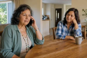 Older adult making a charity verification call with a trusted family member nearby