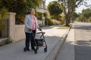 Older adult with a rollator waiting at an unpainted curb for a scheduled Access paratransit pickup in Los Angeles County