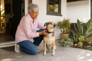 Older adult fastening a blue collar on a calm dog at a Los Angeles County home