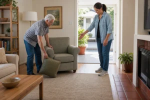 Older adult and helper clearing a safe path beside an armchair before a bulky item pickup