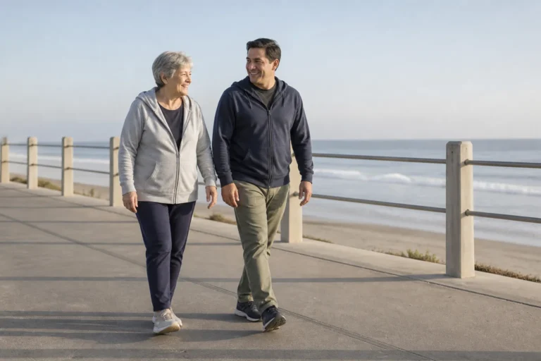 Older adult and family helper walking on a paved Los Angeles County beachfront path