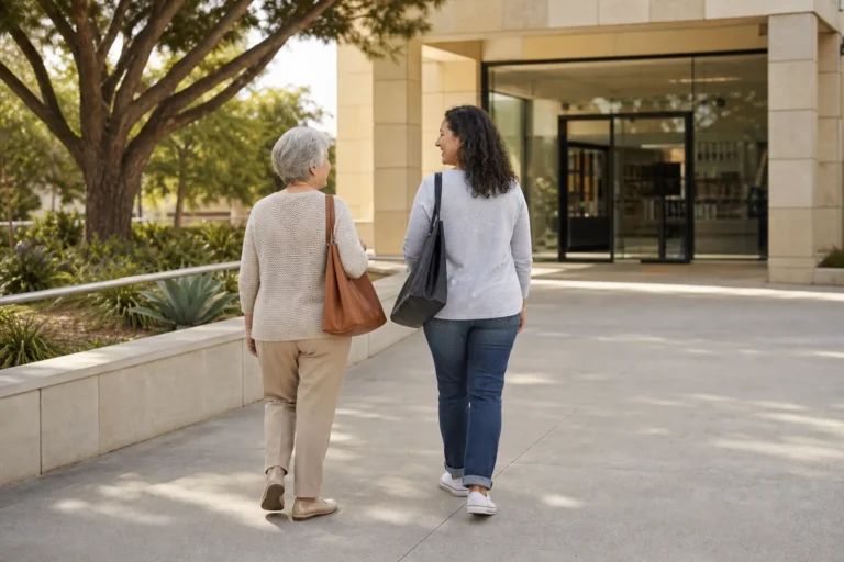 Older adult and family helper walking toward a passport acceptance appointment in Los Angeles County