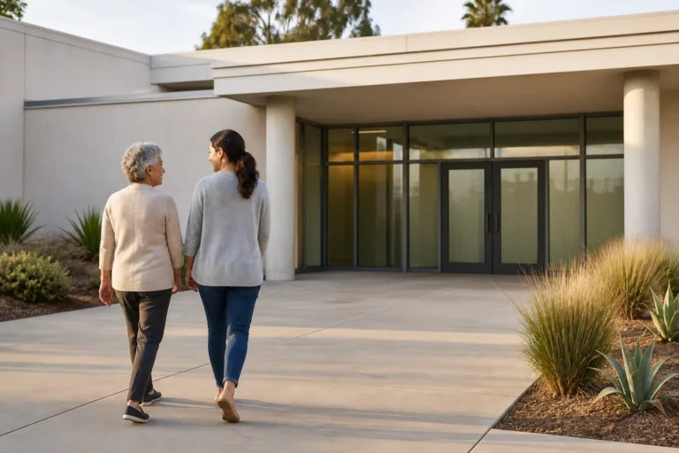 Older adult and helper walking toward an accessible civic-service building in Los Angeles County