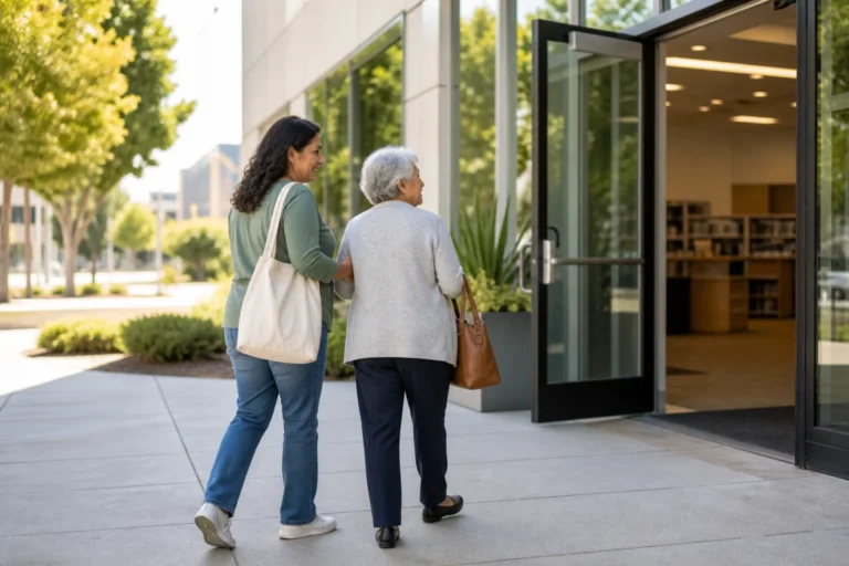 Older adult and helper walking toward a neighborhood public library entrance in Los Angeles County