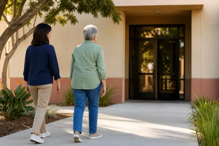 Older adult and companion walking toward a Los Angeles County community building before a Vote Center visit