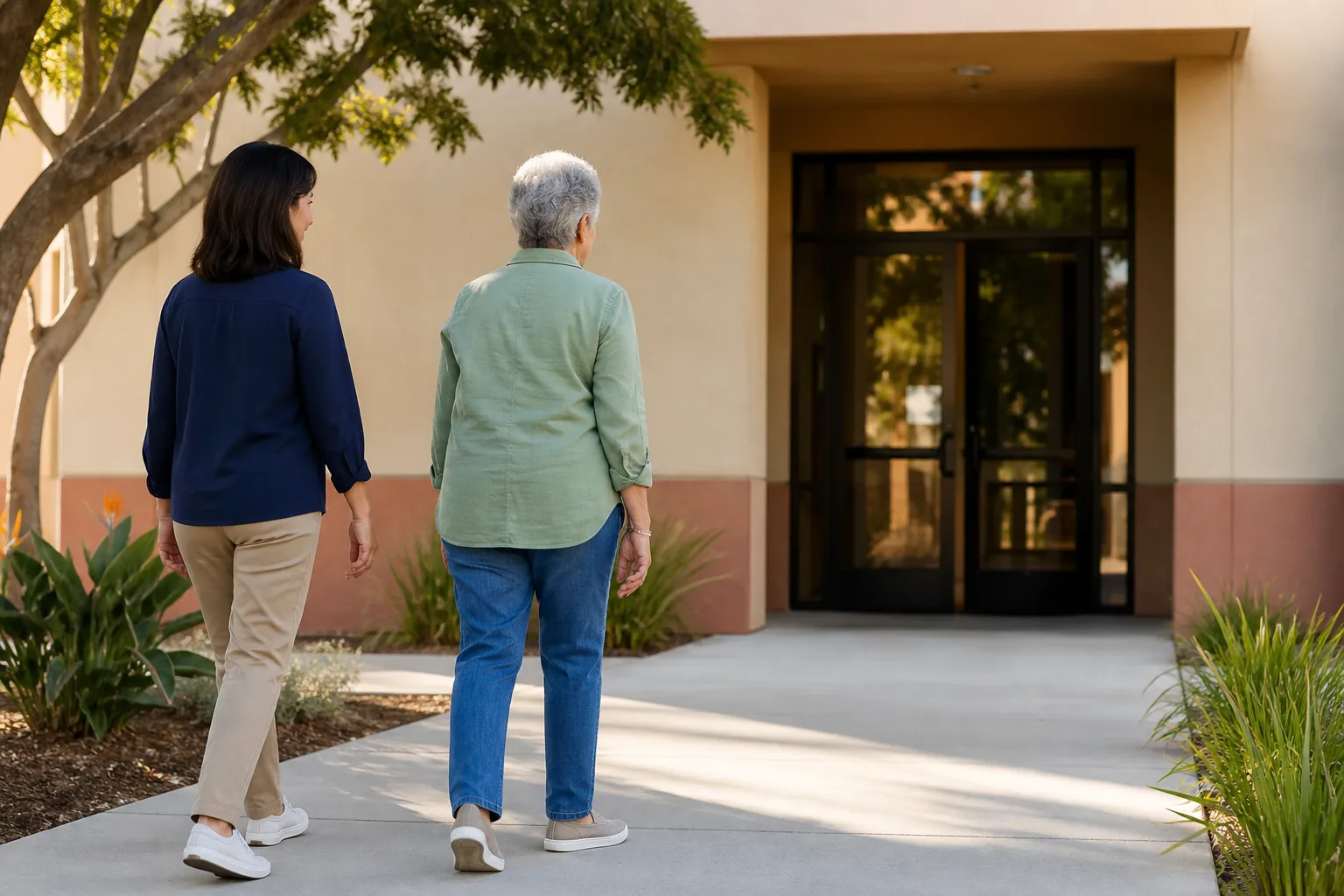 Older adult and companion walking toward a Los Angeles County community building before a Vote Center visit
