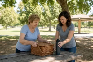 Older adult and companion setting a picnic basket and water bottle on a shaded LA County park table