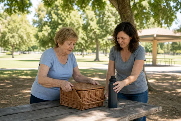 Older adult and companion setting a picnic basket and water bottle on a shaded LA County park table