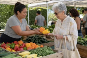 Older adult selecting bell peppers with a farmers market vendor in Los Angeles County