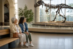 Older adult and family helper resting on a museum bench while viewing a fossil exhibit