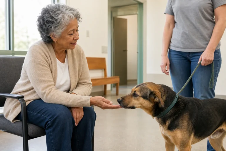 Older adult calmly meeting a leashed shelter dog in Los Angeles County