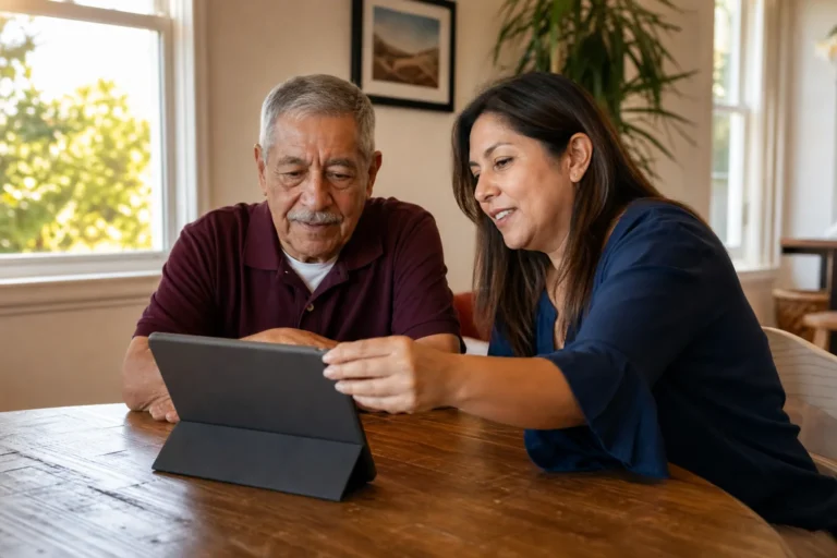 Older adult and family member practicing a video call together at a dining table