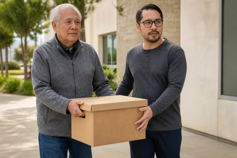 Older adult and trusted helper carrying a closed document box outside a Los Angeles County community center
