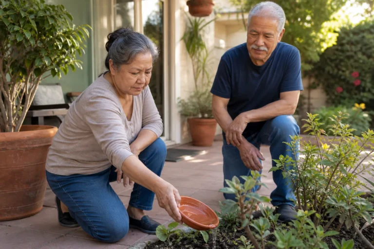 Older woman empties water from a plant saucer while an older helper watches on a Los Angeles County patio