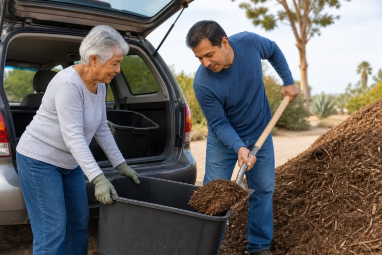 Older woman steadying a sturdy container as a helper shovels mulch beside a vehicle
