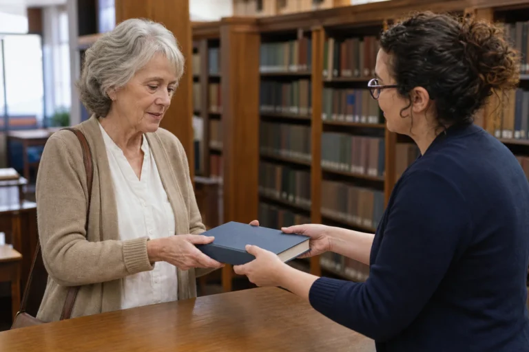 Older woman receives a plain local-history volume from a librarian