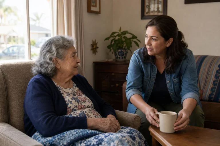 Older adult and family helper talking during a calm home visit