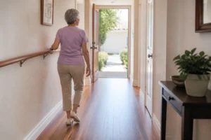 Older woman walking along a clear hallway toward an open exterior door during a home fire escape practice