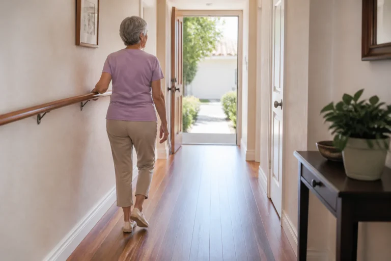 Older woman walking along a clear hallway toward an open exterior door during a home fire escape practice