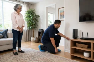 Older woman observes a technician checking a home internet connection beside a router in a clear living room