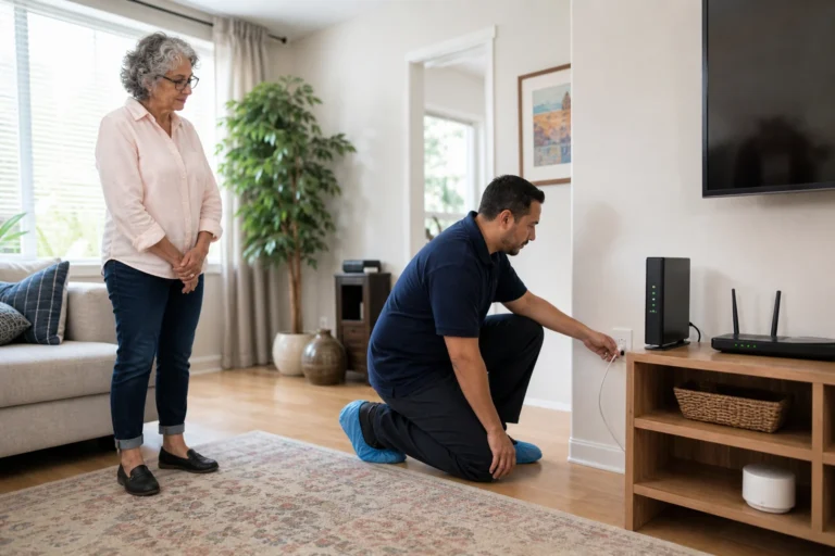 Older woman observes a technician checking a home internet connection beside a router in a clear living room
