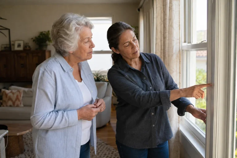 Older adult and a home energy professional examining a window frame together
