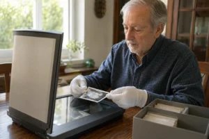 Older adult holding a family photograph above an open flatbed scanner