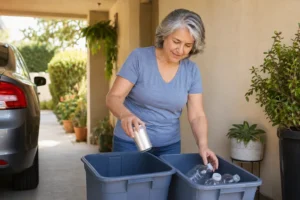 Older adult sorting empty aluminum cans and plastic bottles into separate bins before a recycling visit
