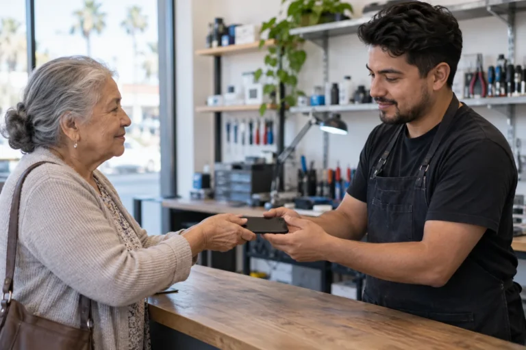 Older adult handing a phone to a repair technician at a service counter