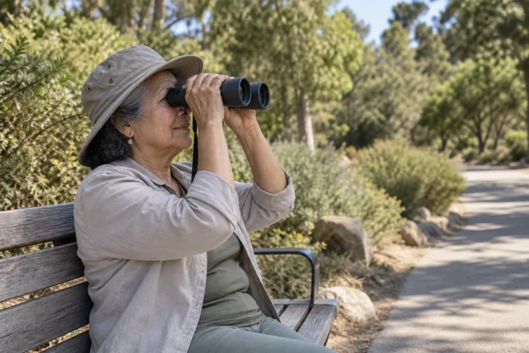 Older woman using binoculars while seated on a park bench beside a paved path